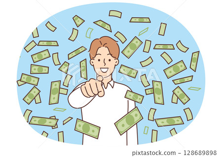 Falling money around smiling man pointing finger at screen inviting business training Falling money around smiling man pointing finger at screen inviting business training 128689898