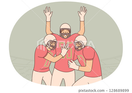 Team of baseball players celebrate victory in game during national college football tournament Team of baseball players celebrate victory in game during national college football tournament 128689899