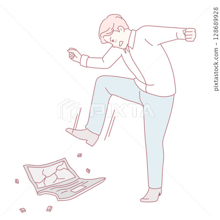 A Frustrated Individual Stomping Aggressively on a Crumpled Newspaper While Expressing Anger 128689928