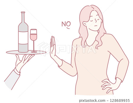 A Woman Choosing to Decline an Alcoholic Beverage in a Social Interaction Setting 128689935
