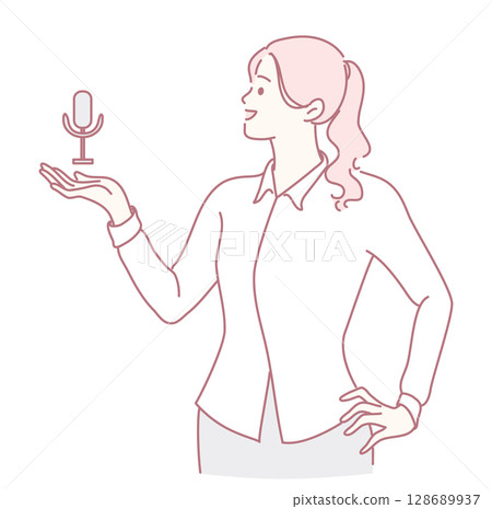 Illustration of a Professional Female Presenter Holding a Microphone for Various Events Illustration of a Professional Female Presenter Holding a Microphone for Various Events 128689937
