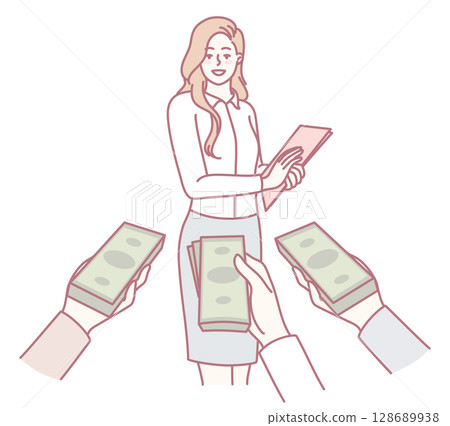 A businesswoman actively engages with her customers during a financial exchange process 128689938