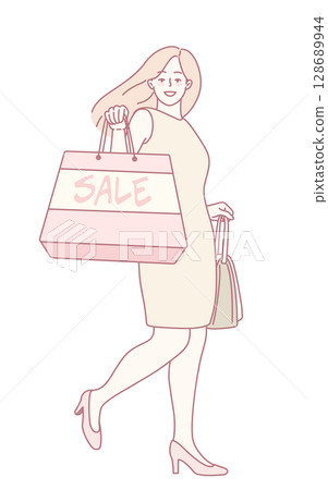 A trendy shopper with a sale bag, dressed in modern urban fashion, showcasing style 128689944