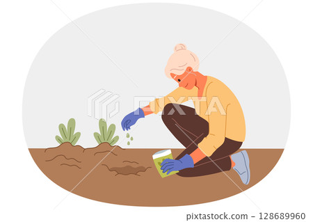 Elderly woman plants seeds in ground, planting flowers in garden or backyard of house Elderly woman plants seeds in ground, planting flowers in garden or backyard of house 128689960
