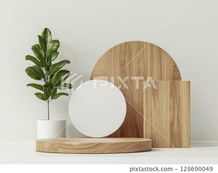 Minimalistic wooden display podiums with green plant in white pot on white background 128690049