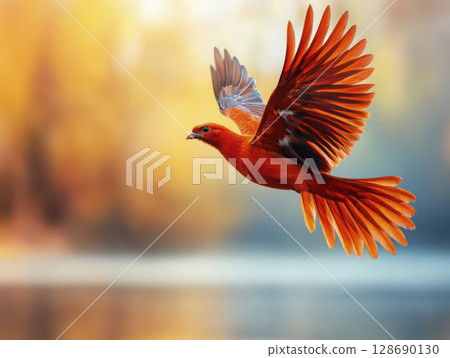 Red bird flying with spread wings over blurred lake background in warm light Red bird flying with spread wings over blurred lake background in warm light 128690130