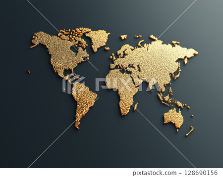 Golden textured world map on dark background with elegant and detailed continents 128690156