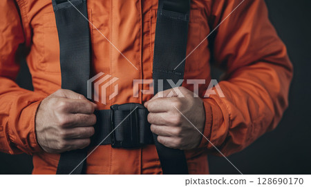 Man fastening black racing harness on orange racing suit with focused hands Man fastening black racing harness on orange racing suit with focused hands 128690170