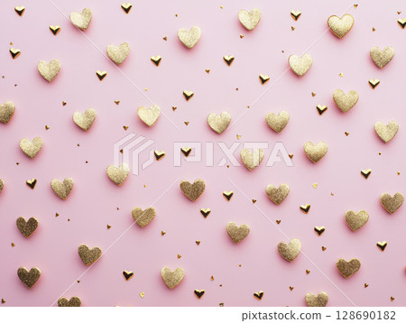 Golden glitter heart shapes scattered on pastel pink background creating romantic mood Golden glitter heart shapes scattered on pastel pink background creating romantic mood 128690182