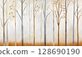 Peaceful forest scene with tall slender trees and soft autumn leaves in muted tones 128690190