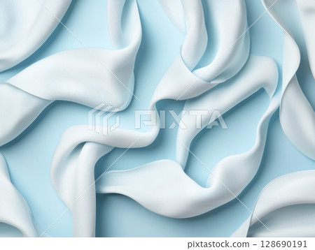 Soft white fabric flowing gently on light blue background creating calm and airy feeling Soft white fabric flowing gently on light blue background creating calm and airy feeling 128690191