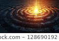 Enigmatic labyrinth with light shining from its center creating mysterious glowing effect 128690192