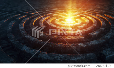 Enigmatic labyrinth with light shining from its center creating mysterious glowing effect Enigmatic labyrinth with light shining from its center creating mysterious glowing effect 128690192