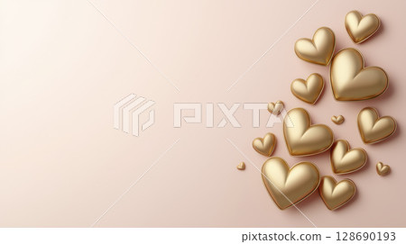 Golden heart shapes floating on soft pink background create warm romantic feeling Golden heart shapes floating on soft pink background create warm romantic feeling 128690193