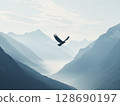 Majestic eagle soaring above misty mountain valley under soft cloudy sky 128690197