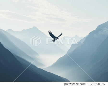 Majestic eagle soaring above misty mountain valley under soft cloudy sky 128690197