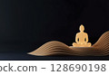 Serene figure meditating in glowing lotus position on smooth layered waves with dark background 128690198