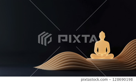 Serene figure meditating in glowing lotus position on smooth layered waves with dark background 128690198