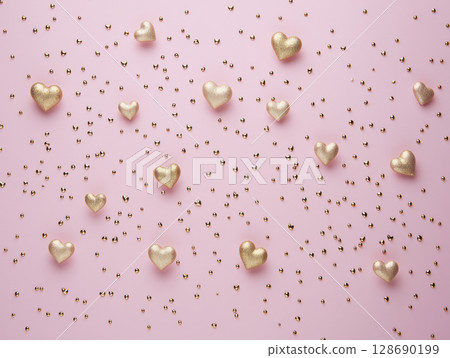 Golden heart shapes and small beads scattered on soft pastel pink background for romantic mood Golden heart shapes and small beads scattered on soft pastel pink background for romantic mood 128690199