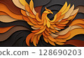 Phoenix bird with vibrant orange and yellow feathers rising from swirling dark background 128690203