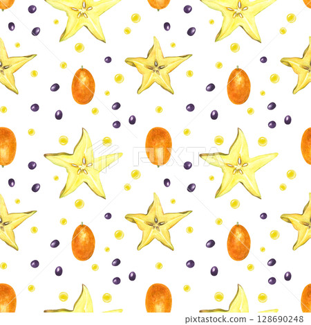 Fresh carambola slices, ripe kumquats, juicy droplets and seeds hand painted watercolor seamless pattern isolated background. Tropical citrus fruits for food packaging, menu design, textile prints. Fresh carambola slices, ripe kumquats, juicy droplets and seeds hand painted watercolor seamless pattern isolated background. Tropical citrus fruits for food packaging, menu design, textile prints. 128690248