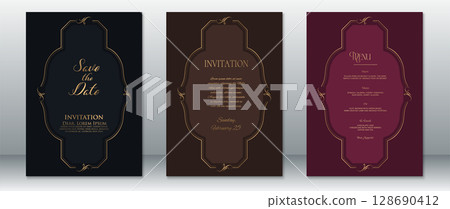 Vintage Wedding Invitation Set with Elegant Gold Frames on Navy, Brown, and Wine Backgrounds. Vintage Wedding Invitation Set with Elegant Gold Frames on Navy, Brown, and Wine Backgrounds. 128690412