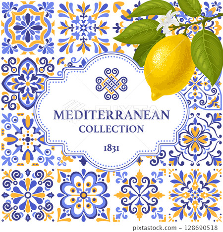 Square Banner Or Label With Mediterranean Azulejo Tile pattern And Lemons 128690518