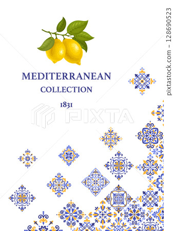 Banner Or Card With Mediterranean Azulejo Tile pattern And Lemons 128690523