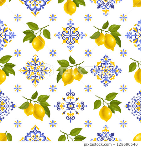 Lemon Seamless Pattern With Mediterranean Tiles 128690540