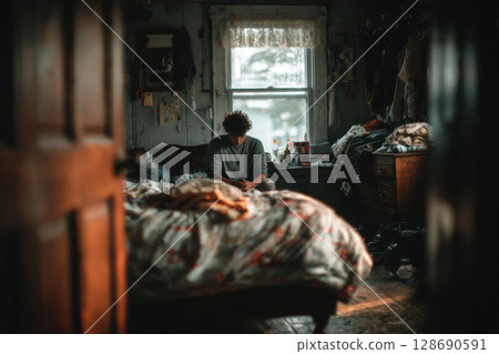 Mental illness, depression concept. Person sits on bed in dimly lit, cluttered room, creating contemplative atmosphere Mental illness, depression concept. Person sits on bed in dimly lit, cluttered room, creating contemplative atmosphere 128690591