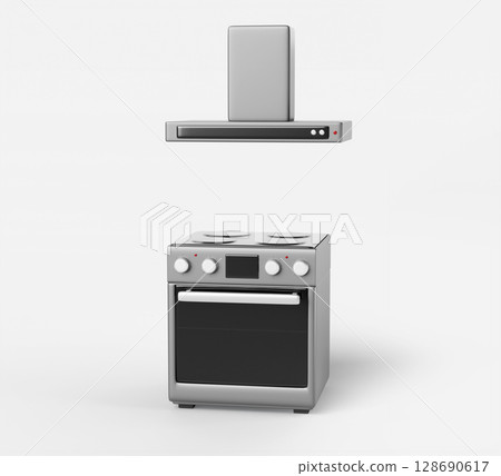 3d gas range stove with oven, cooktop burners and cooker hood. Realistic render set of kitchen silver plate with cooking surface and chimney, isolated home appliances stainless steel. 3D illustration 128690617