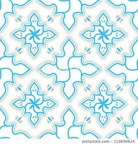 Seamless Geometric Floral Pattern in Blue and Orange Vector Design Seamless Geometric Floral Pattern in Blue and Orange Vector Design 128690624