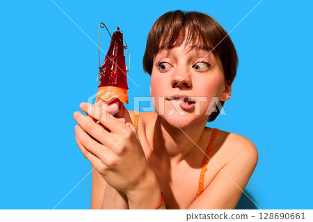 Curious woman biting lip while staring at jelly cone covered in safety pins Curious woman biting lip while staring at jelly cone covered in safety pins 128690661