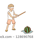 Illustration of a boy splitting a watermelon 128690768