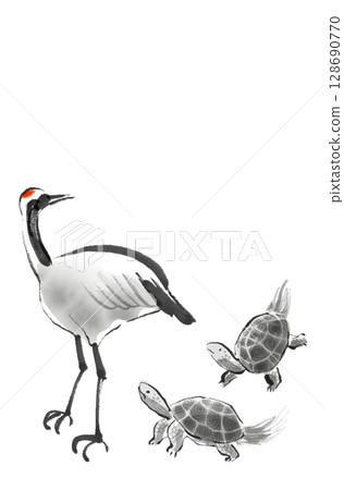 仙鶴與烏龜的水墨畫 128690770