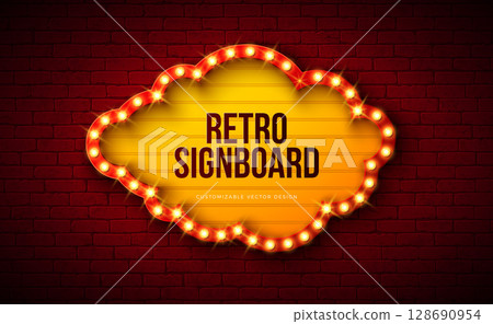 Retro Signboard Lightbox Banner Design with Glowing Light Bulb Frame Billboard on Vintage Brick Wall Background. Vector Customizable Cloud Shape Marquee Sign Illustration for Casino Advertising 128690954