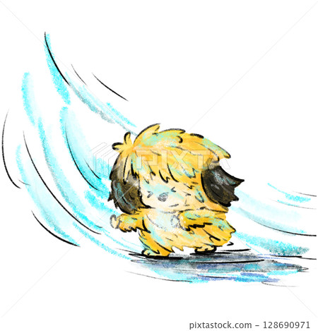 Small fluffy yellow dog resists to strong wind cartoon illustration 128690971