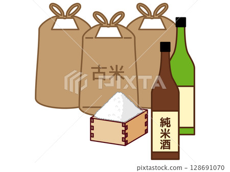 一瓶標示「純米酒」的酒、一袋陳米和裝在木盒裡的酒米 128691070