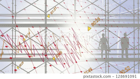 Image of financial data processing over office building 128691091