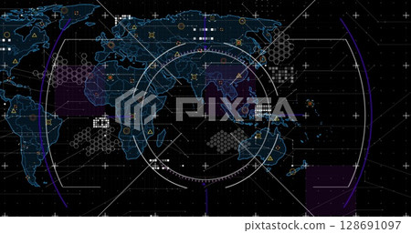 Image of scope, markers and data processing over world map Image of scope, markers and data processing over world map 128691097