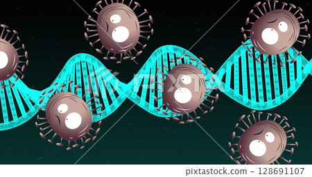 Showing glowing cyan DNA helix winding across digital lab space, with mauve cartoon virus particles Showing glowing cyan DNA helix winding across digital lab space, with mauve cartoon virus particles 128691107