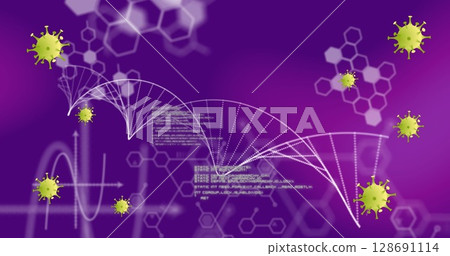 White dotted double helix graphic floating in purple science background, with green virus icons White dotted double helix graphic floating in purple science background, with green virus icons 128691114