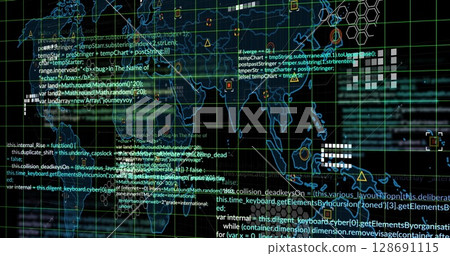 Image of markers and data processing over world map 128691115