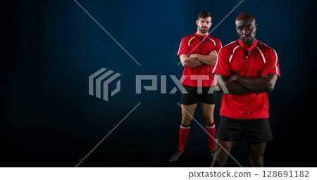 Image of diverse rugby players over black background 128691182
