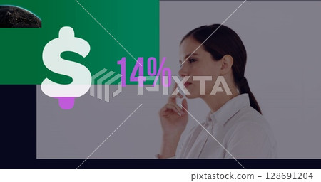 Image of dollar symbol with growing number over caucasian woman 128691204