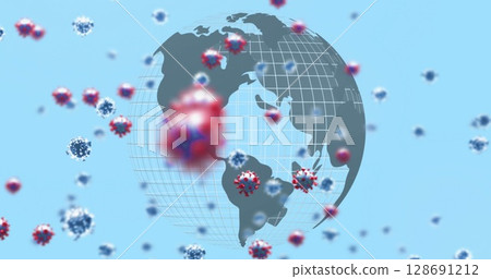 Image of virus cells and globe on blue background Image of virus cells and globe on blue background 128691212