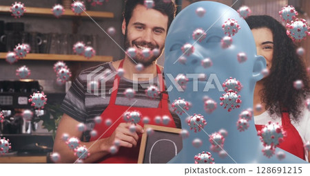 Image of virus cells over human silhouette and diverse female and male waiters with open sign 128691215