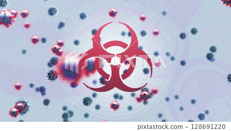Displaying central red biohazard symbol hovering over blue lab illustration with virus particles 128691220