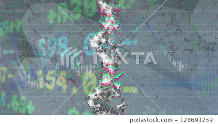 Image of financial data over dna chain on grey background Image of financial data over dna chain on grey background 128691239