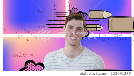 Image of happy caucasian man on violet and yellow background with graffiti and math symbols 128691277